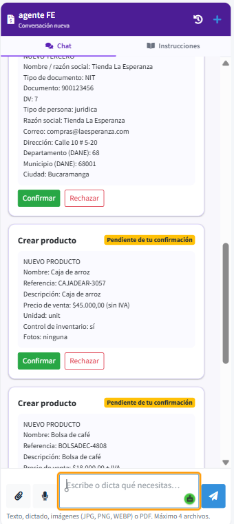Tarjeta de confirmación para crear un tercero y un producto, con los botones Confirmar y Rechazar