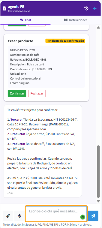 Resumen del agente con tres tarjetas pendientes de confirmación antes de preparar la factura