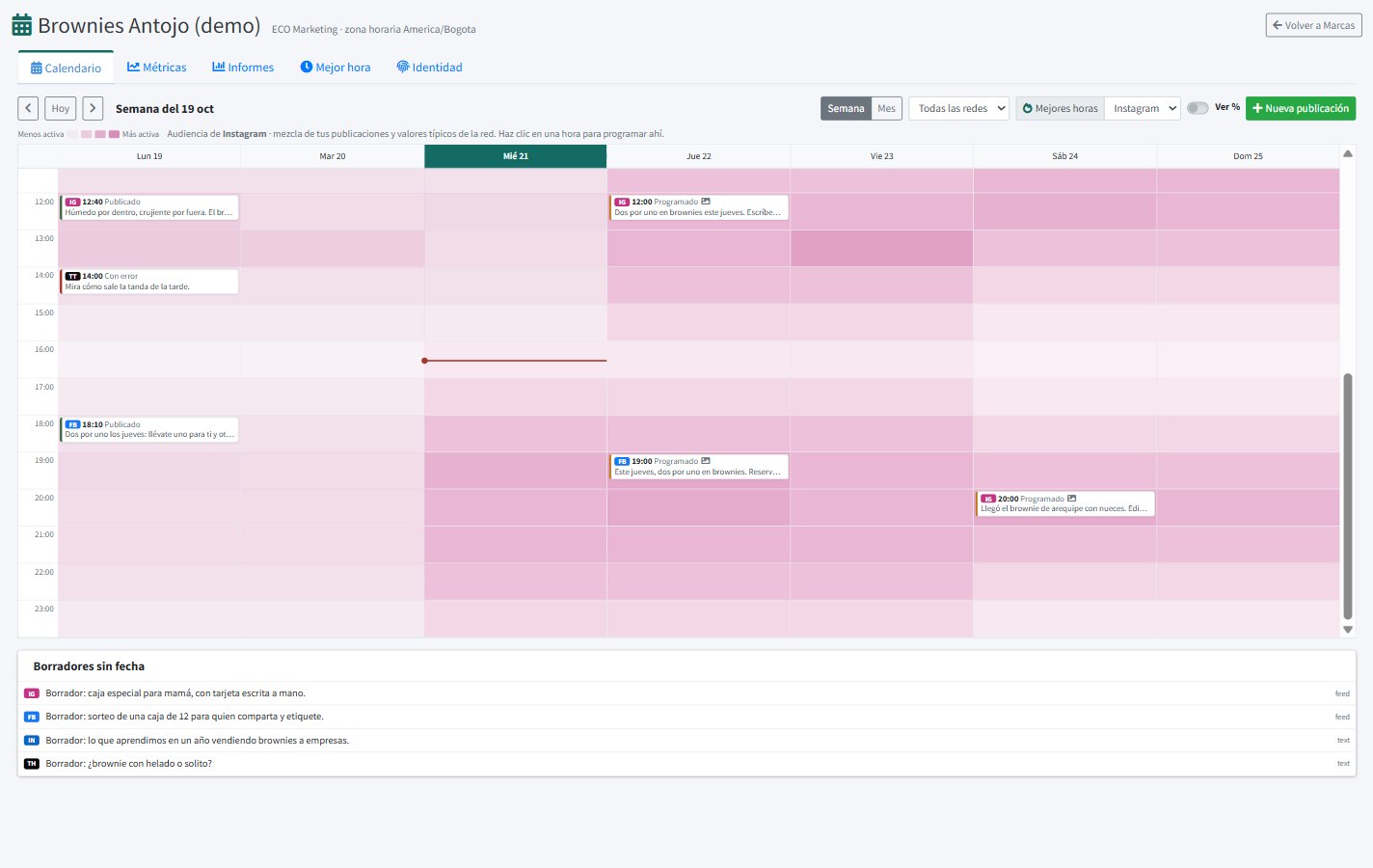 Calendario semanal de ECO Marketing con publicaciones programadas y las mejores horas de cada día